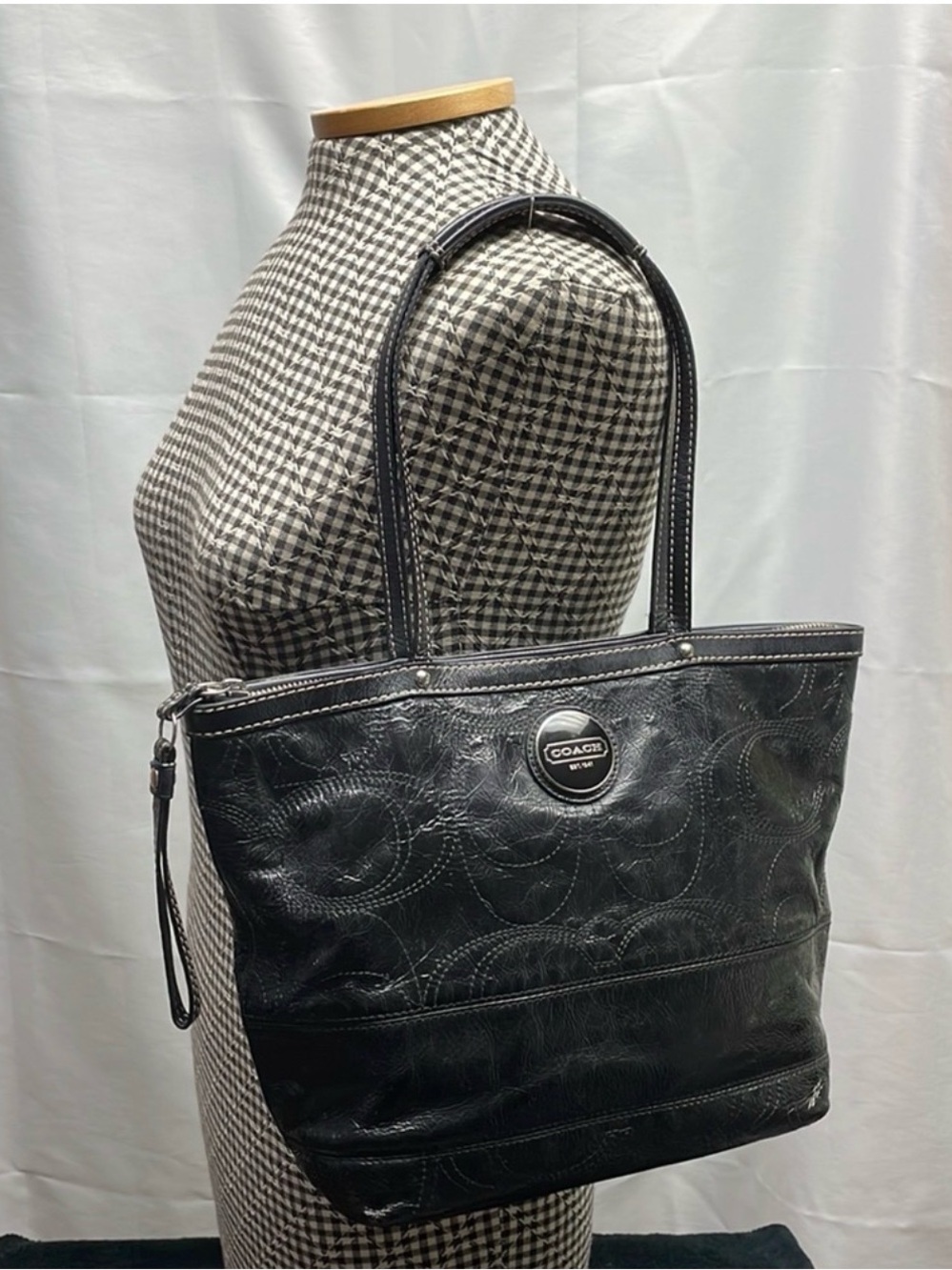 Coach Black Embossed Leather Tote with Round Logo. 14”x11”x5” comes w/tote bag